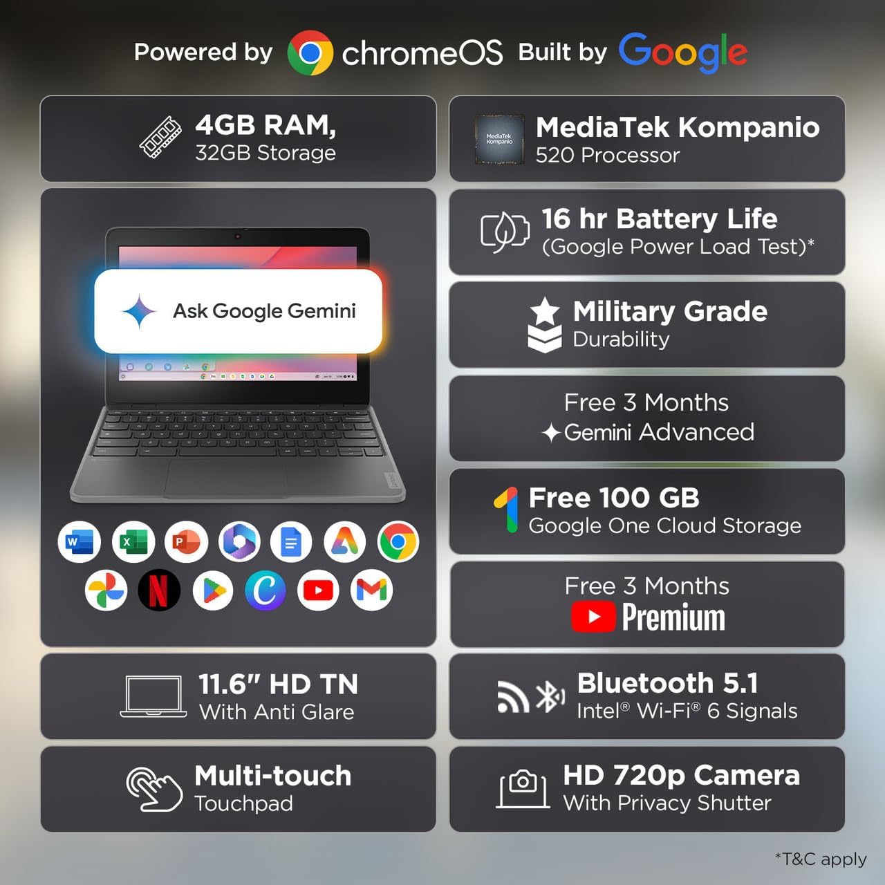 Lenovo 100e Chromebook Gen 4 82W0000WUS 11.6" Chromebook - HD - Octa-core (ARM Cortex A76 + Cortex A55) - 4 GB