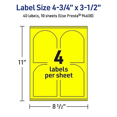 Avery Printable Arched Labels, Sure Feed Technology, 4.75" x 3.5", Neon Yellow Labels, Print-to-The-Edge, Laser/Inkjet Printable, 40 Total, Great for Shipping and Wine Bottles 40 labels