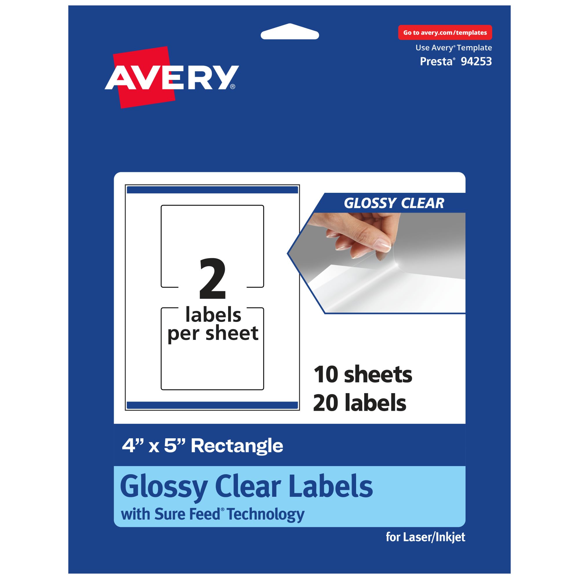 Avery Glossy Clear Rectangle Labels, Sure Feed Technology, 4" x 5", 20 Glossy Clear Labels, Print-to-The-Edge