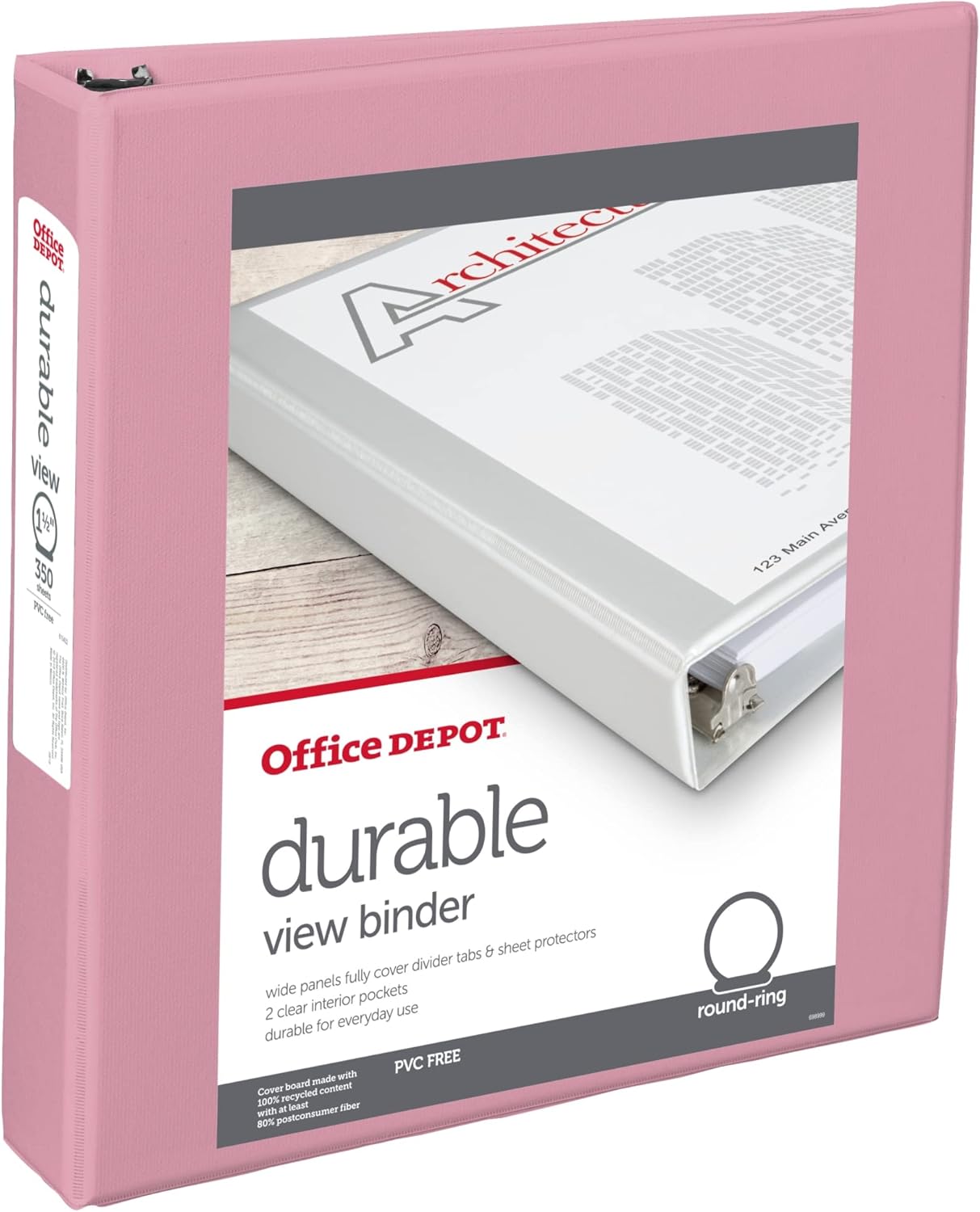 Office Depot® Brand 3-Ring Durable View Binder, 1-1/2" Round Rings, Pink