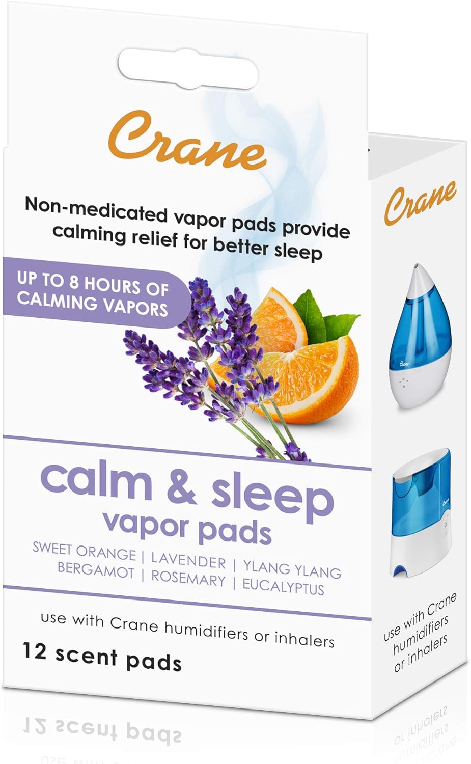 Crane Natural Lavender Orange Humidifier Pads with Calming Vapor, Universal Fit for Humidifiers and Inhalers, 12 Count