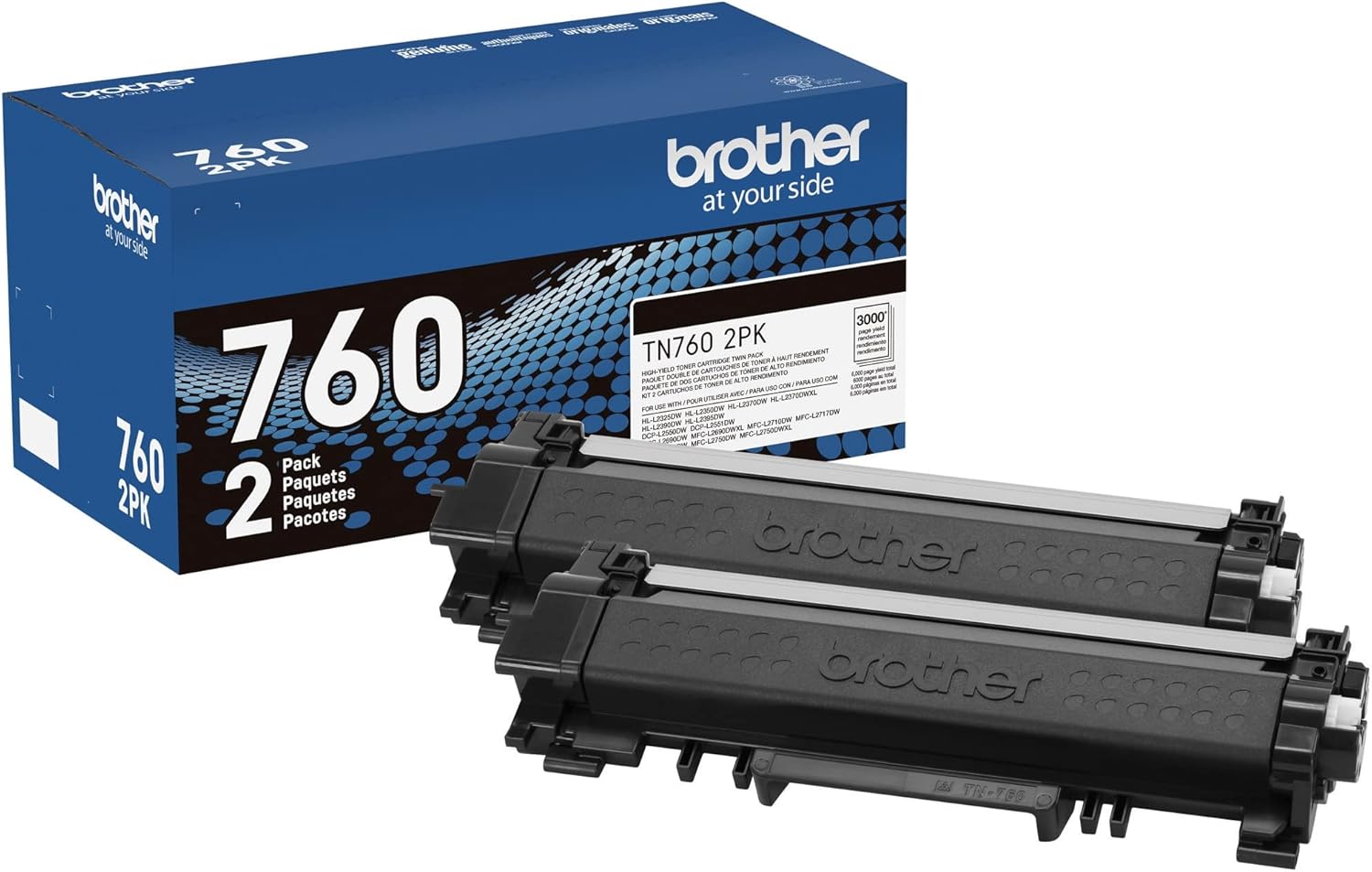 Brother Genuine High-Yield Black Toner Cartridge Twin Pack TN760 2Pk, TN7602PK Black 2 Pack Toner