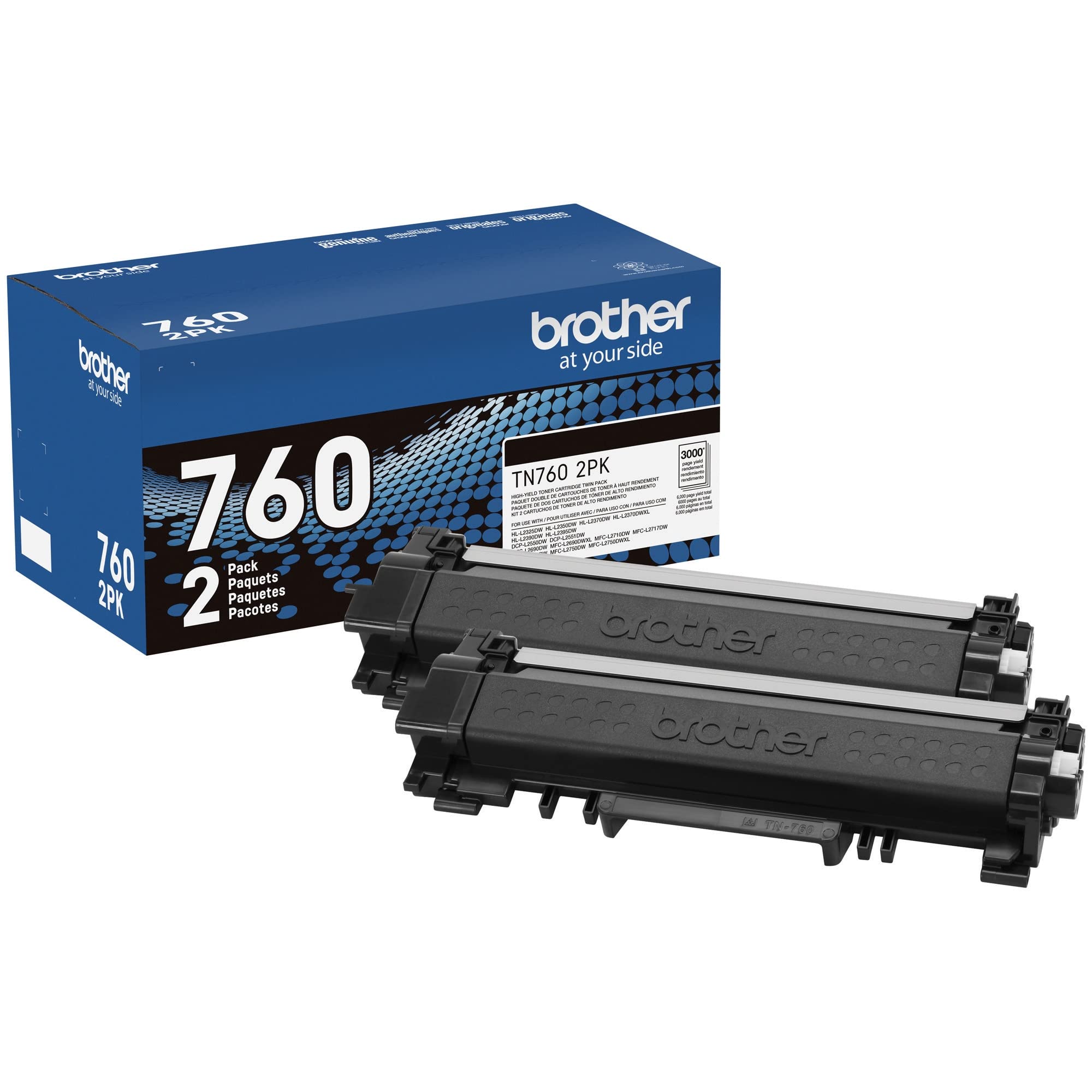 Brother Genuine High-Yield Black Toner Cartridge Twin Pack TN760 2Pk, TN7602PK Black 2 Pack Toner