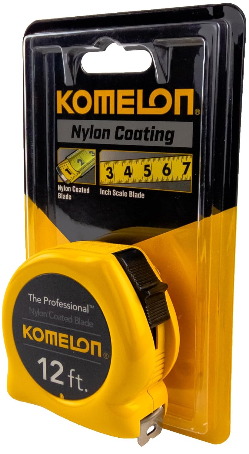 Komelon 4912 The Professional Nylon Coated Steel Blade Tape Measure 12-Feet by 5/8-Inch, Yellow Case 3.7 m