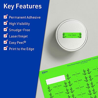 Avery Printable Rectangle Labels, Sure Feed Technology, 1" x 1.5", Neon Green, Print-to-The-Edge, Laser/Inkjet Printable