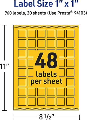 AVERY Printable Square Labels, Sure Feed Technology, 1" x 1", Bright Yellow, Print-to-The-Edge, Laser/Inkjet Printable