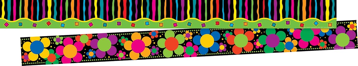 Barker Creek Double-Sided Border, Neon Stripes & Flower Power, Trim Out Bulletin Boards and Create Colorful Displays with 70' of Designer Double-Sided Border, 3" x 70', Pack of 2 (4021)