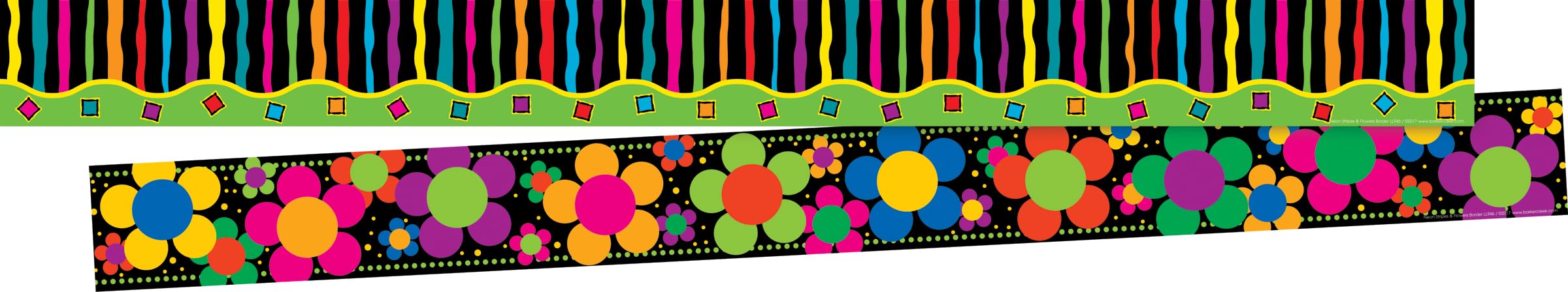 Barker Creek Double-Sided Border, Neon Stripes & Flower Power, Trim Out Bulletin Boards and Create Colorful Displays