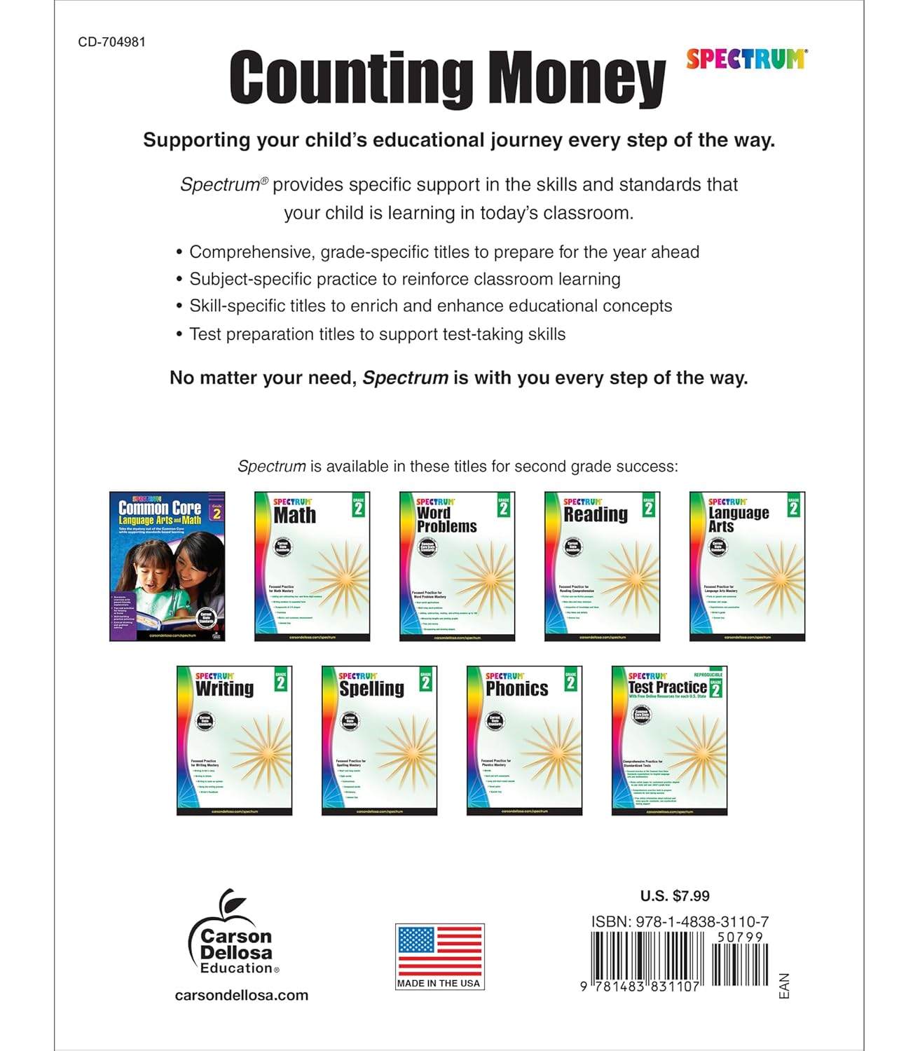 Spectrum Counting Money 2nd Grade Workbook, Math Book for Kids Ages 7 to 8, Word Problems With Coins and Bills
