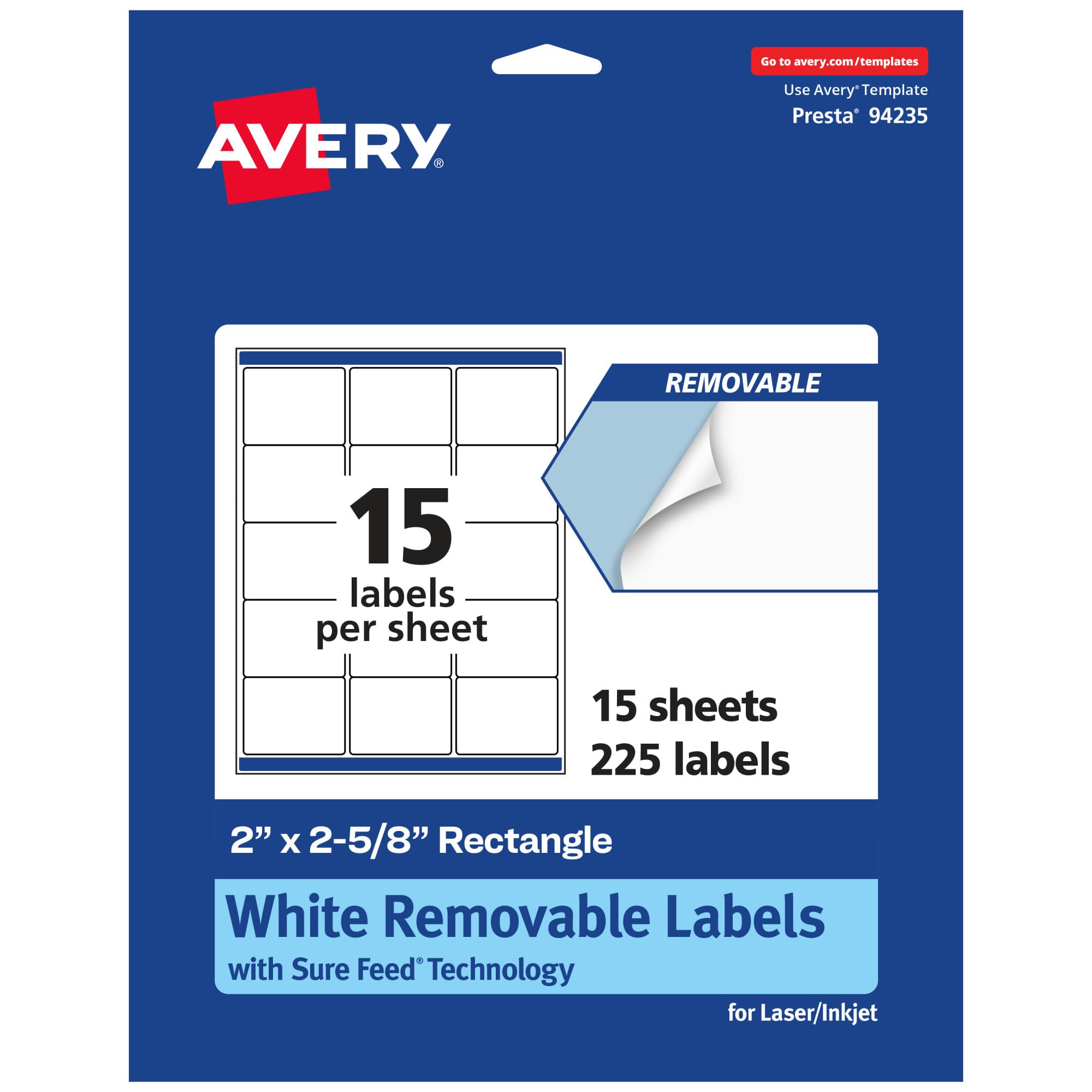 Avery Matte White Removable Rectangle Labels, Sure Feed Technology, 2" x 2-5/8", 225 Removable Labels