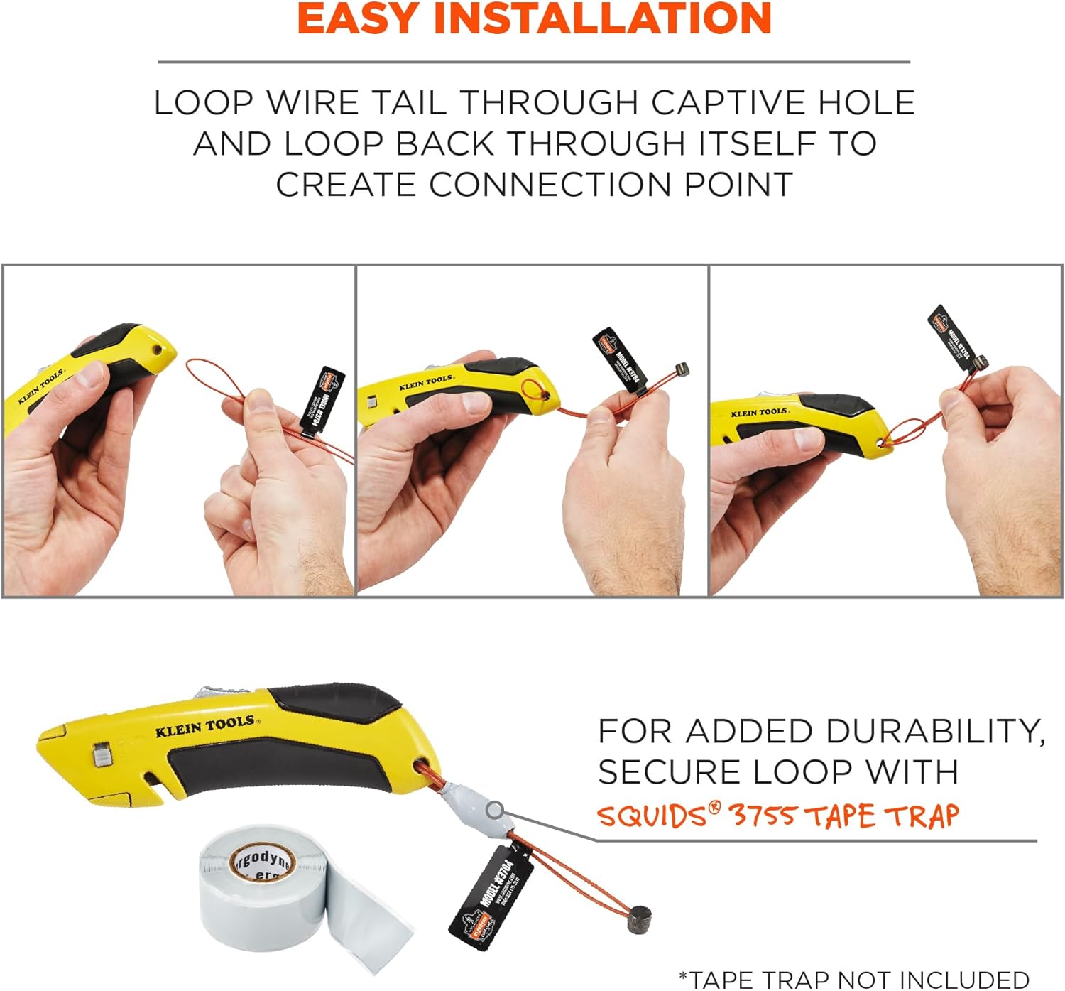 Wire Tool Attachment Tail with Loop End, Tool Weight Capacity 2lbs, 6-Pack, Ergodyne Squids 3704 , Orange
