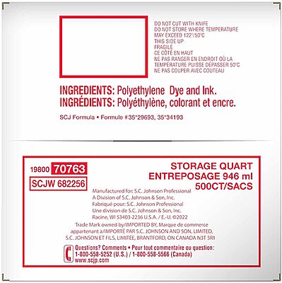 Ziploc Double Zipper Storage Bags, Quart, 500 Bags/Carton (682256)