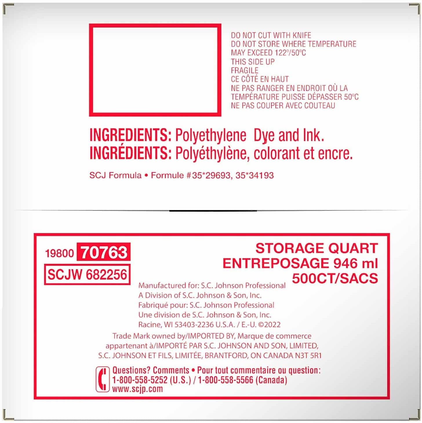 Ziploc Double Zipper Storage Bags, Quart, 500 Bags/Carton (682256)