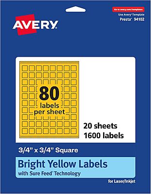 Avery Printable Square Labels, Sure Feed Technology, 3/4" x 3/4", Bright Yellow, Print-to-the-Edge, Laser/Inkjet