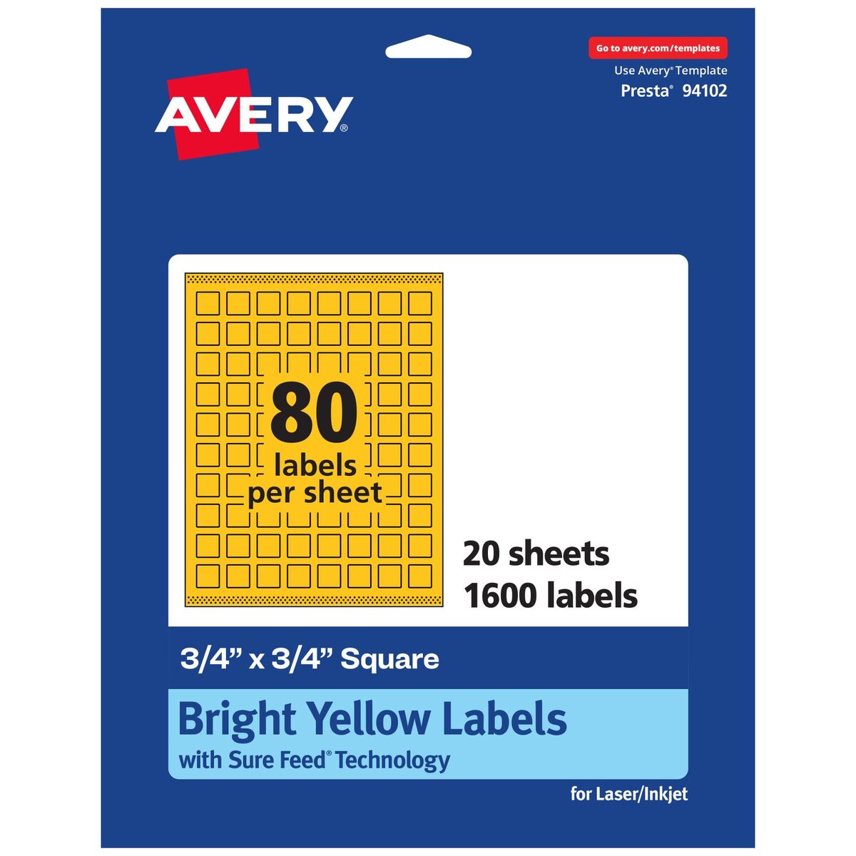 Avery Printable Square Labels, Sure Feed Technology, 3/4" x 3/4", Bright Yellow, Print-to-the-Edge, Laser/Inkjet