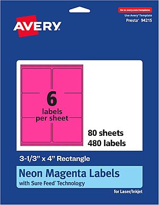 AVERY Printable Rectangle Labels, Sure Feed Technology, 3-1/3" x 4", Neon Magenta