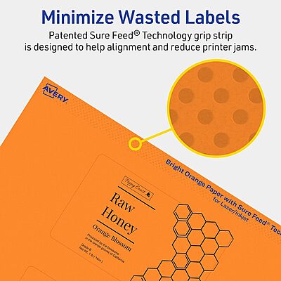 Avery Printable Rectangle Labels, Sure Feed Technology, 2-1/2" x 4", Bright Orange, Print-to-The-Edge, Laser/Inkjet Printable