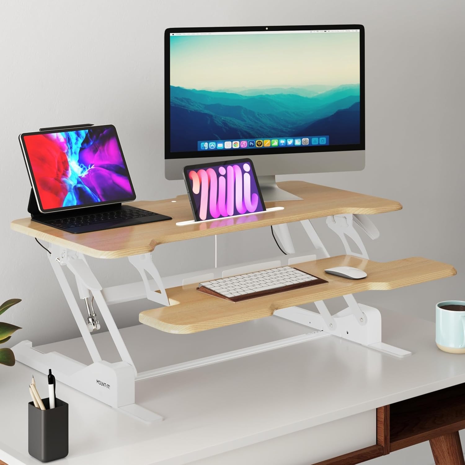 Mount-It! 38in Wide Height Adjustable Standing Desk Converter with Keyboard Tray