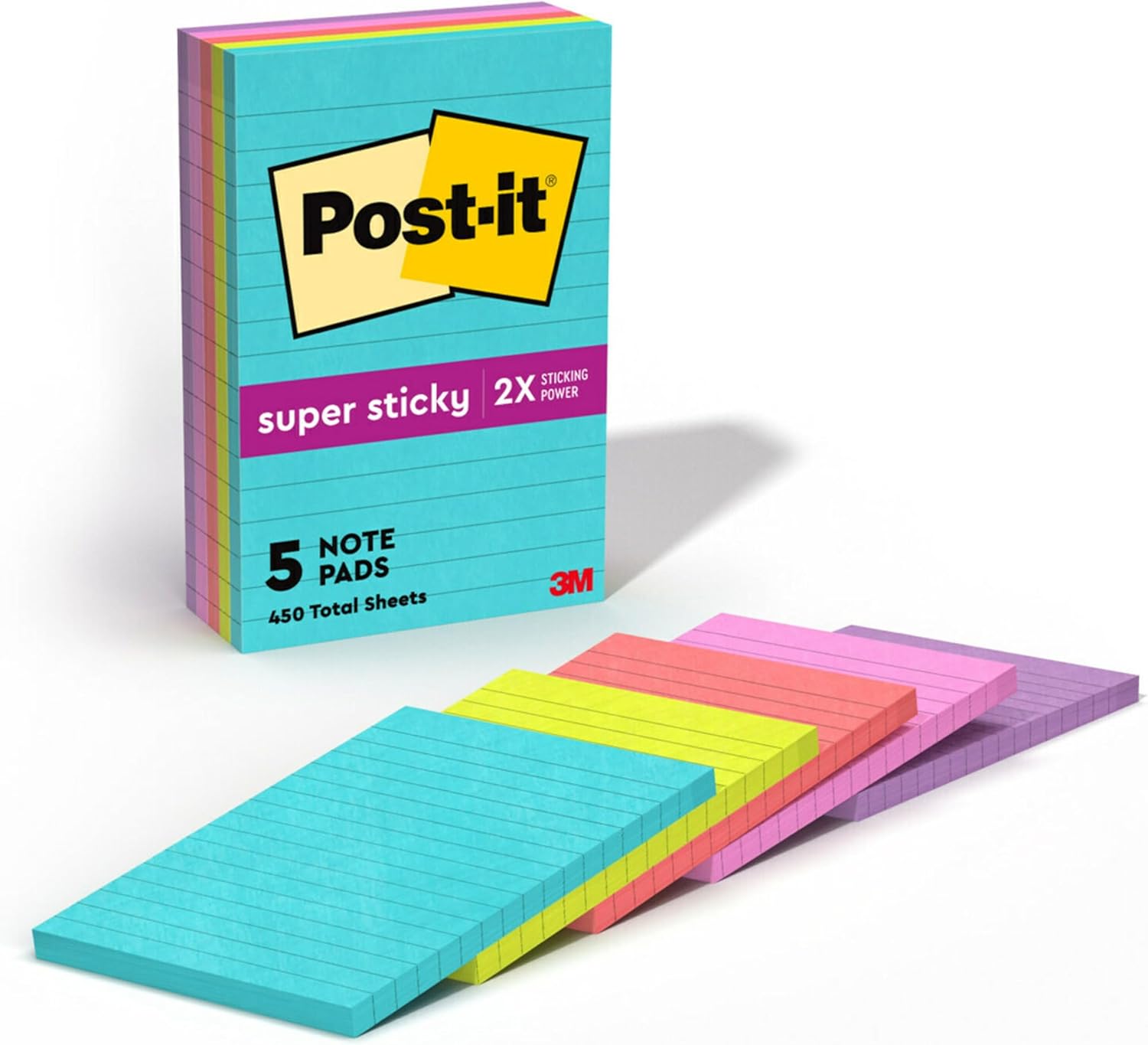 Post-it Super Sticky Lined Notes, 5 Sticky Note Pads, 4 x 6 in., School Supplies, Office Products