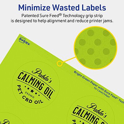 Avery Printable Round Labels, Sure Feed Technology, 2-3/4" Diameter, Bright Green, Print-to-the-Edge, Laser/Inkjet Printable