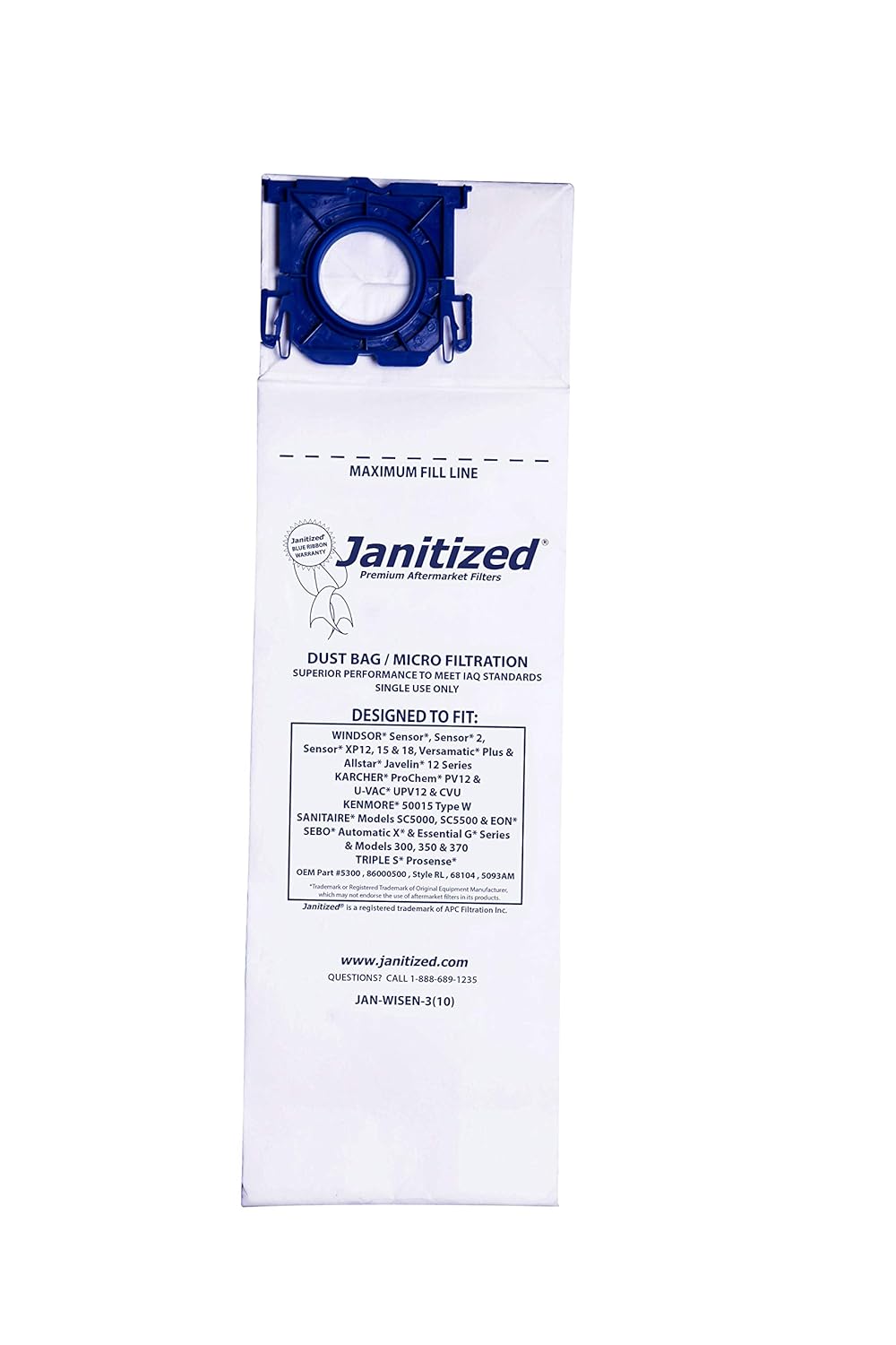 Janitized Windsor Sensor Vacuum Filter Bags, White — Pack of 100
