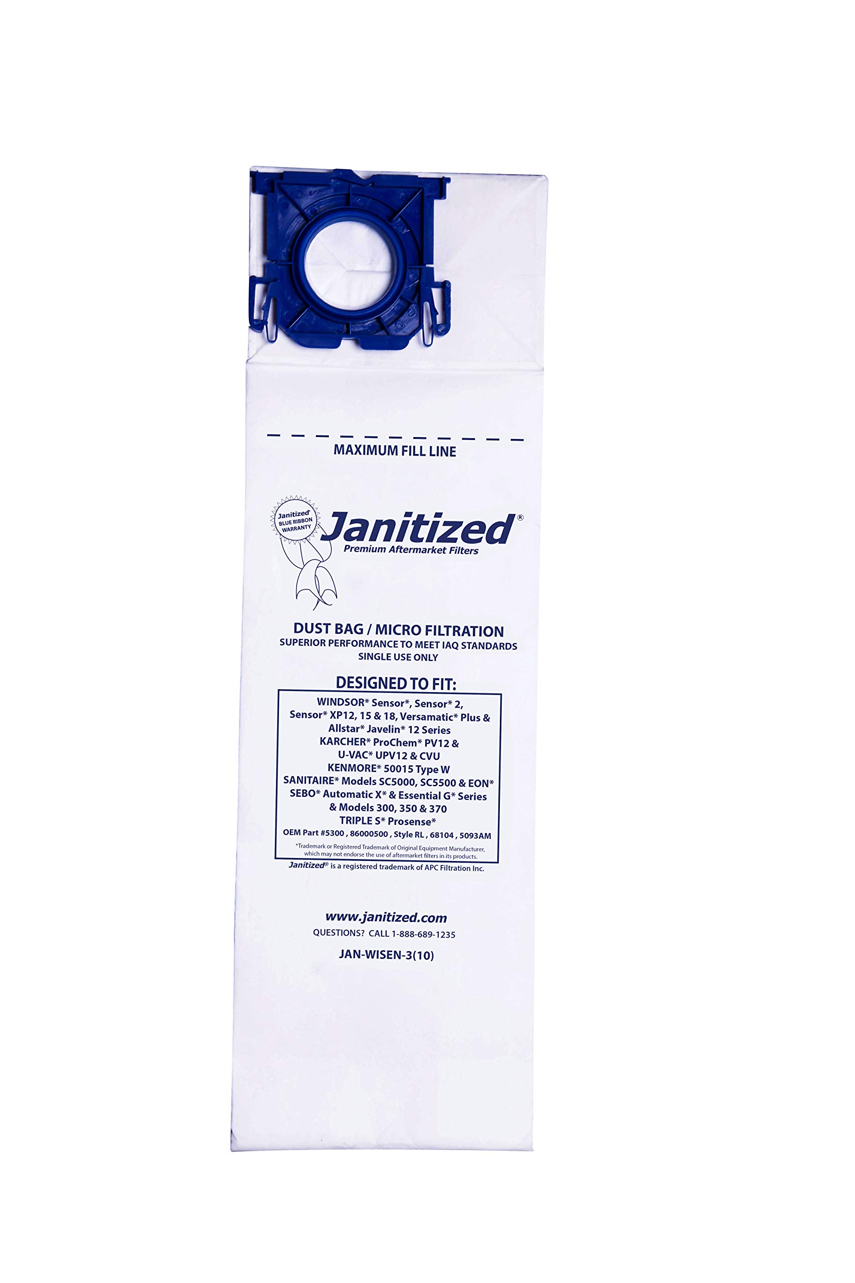 Janitized Windsor Sensor Vacuum Filter Bags, White — Pack of 100