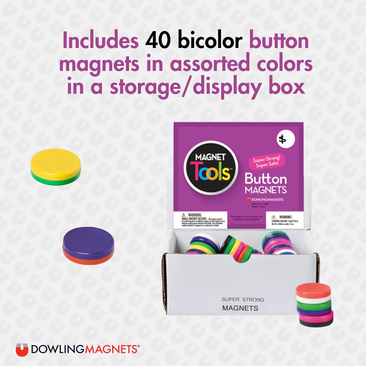 Dowling Magnets Chunky Magnets, Button, 1 1/8in, Assorted Colors, Box Of 40