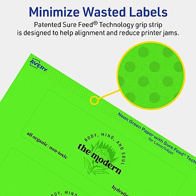 Avery Printable Rectangle Labels, Sure Feed Technology, 2" x 6", Neon Green