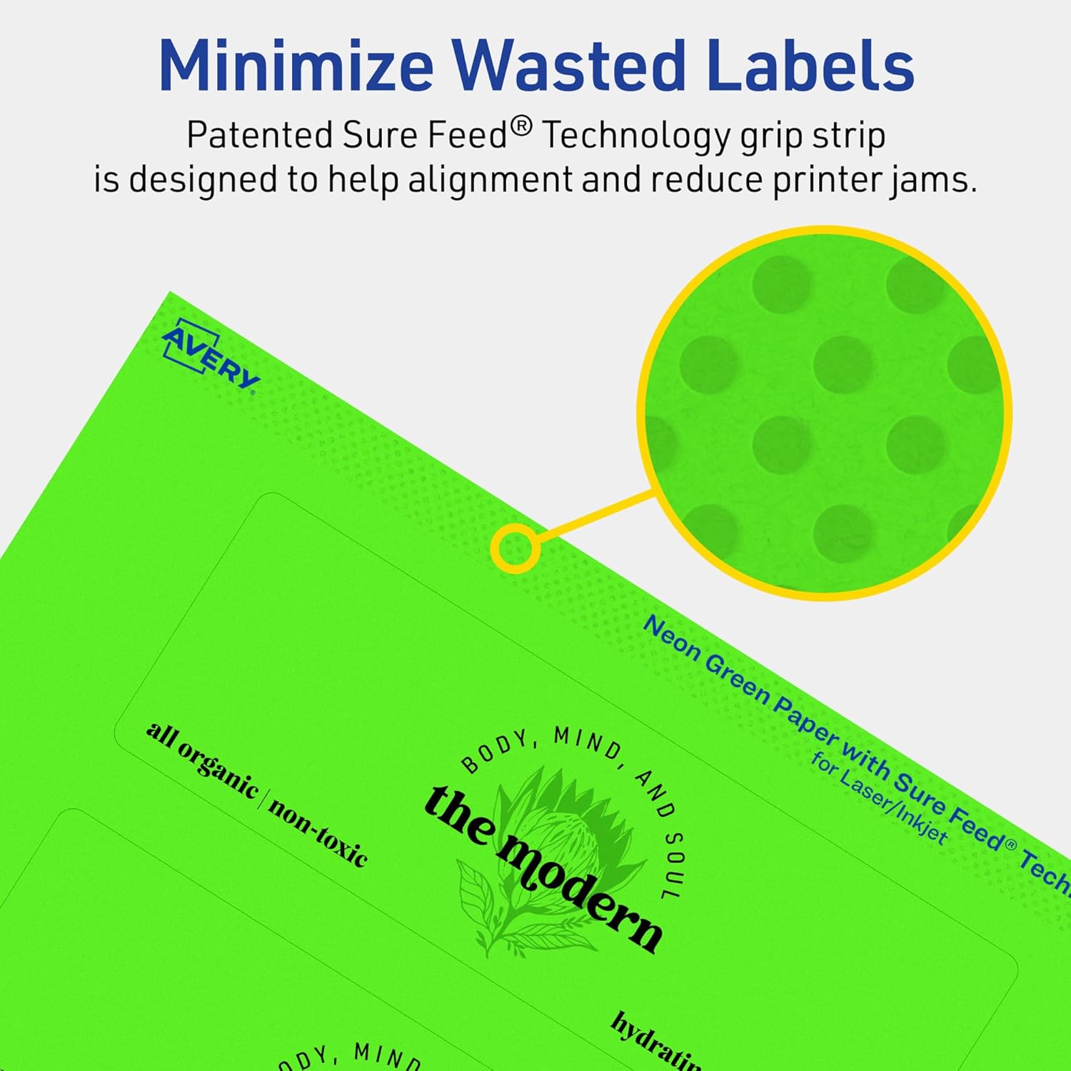Avery Printable Rectangle Labels, Sure Feed Technology, 2" x 6", Neon Green