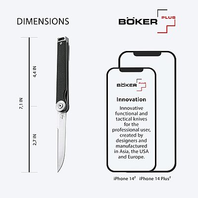 BÖKER PLUS® Kaizen G10 - lightweight EDC pocket knife with black handle - Gentleman Knife D2 steel blade - linerlock folding knife japanese with case