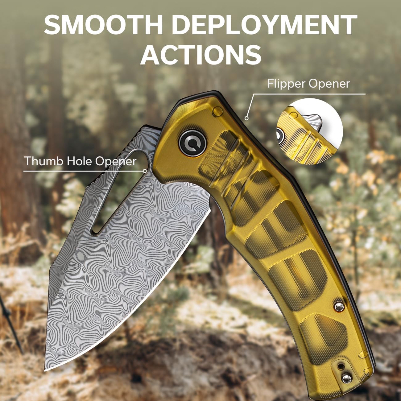 CIVIVI BullTusk Pocket Knife for Camping Fishing Hunting, Folding Knife with Flipper, 3.48" Curved Damascus Blade Ultem Handle, Cool Pocket Knife for Men Women Gift C23017-DS1 Translucent Amber