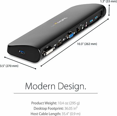 StarTech.com Dual Monitor USB 3.0 Laptop Docking Station with HDMI/DVI/VGA, 3x USB-A Hub, GbE, Audio