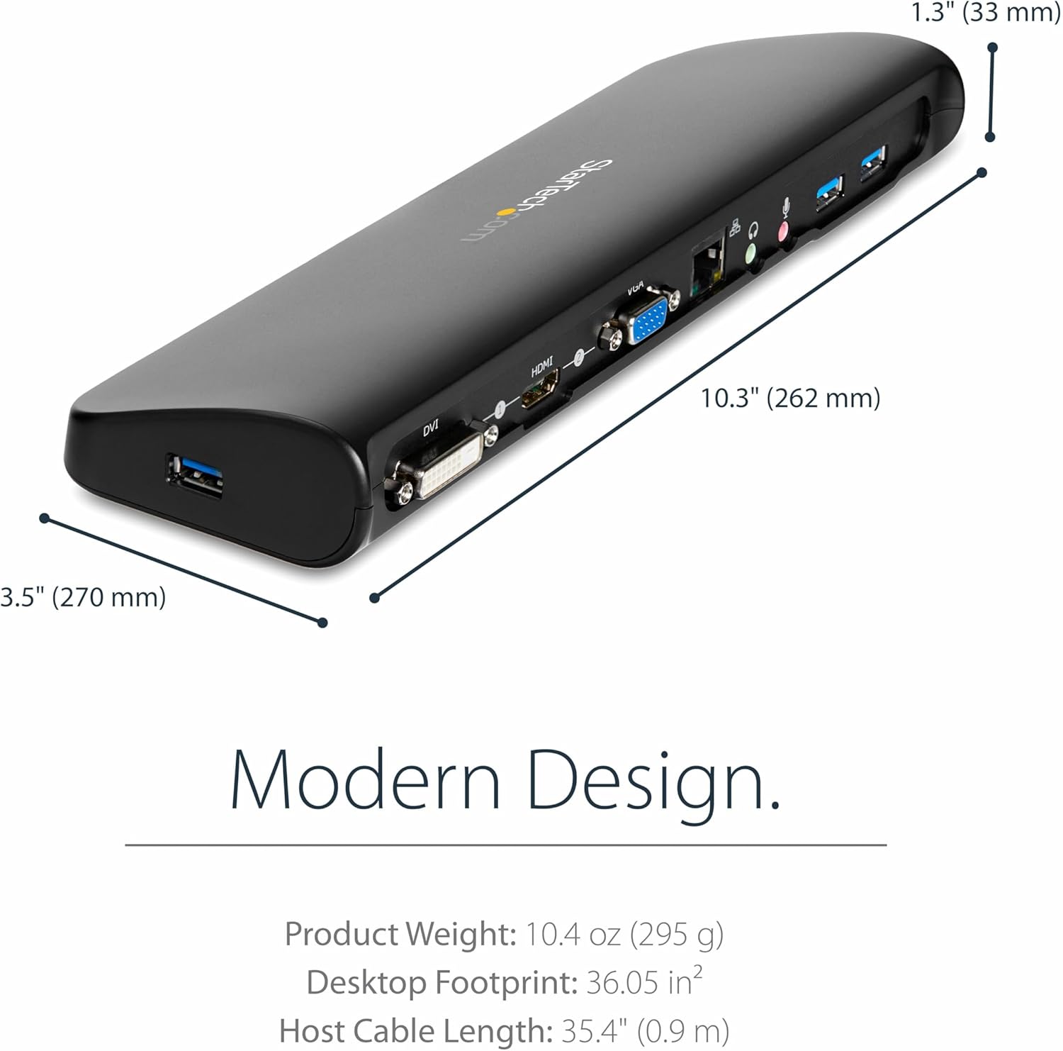 StarTech.com Dual Monitor USB 3.0 Laptop Docking Station with HDMI/DVI/VGA, 3x USB-A Hub, GbE, Audio