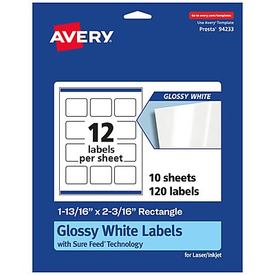 Avery Glossy White Rectangle Labels, Sure Feed Technology, 1-13/16" x 2-3/16", 120 Glossy White Labels, Print-to-The-Edge, Permanent Adhesive, Laser/Inkjet Printable 120 labels