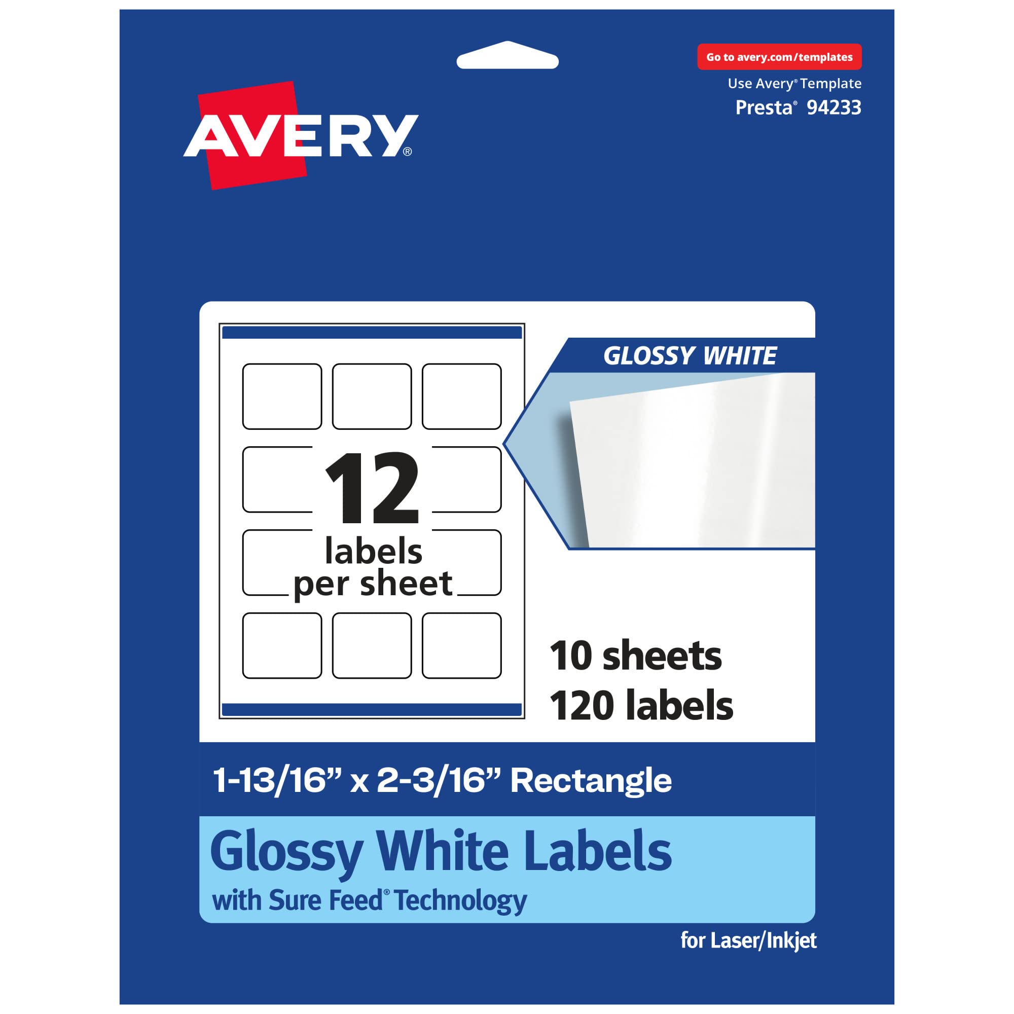 Avery Glossy White Rectangle Labels, Sure Feed Technology, 1-13/16" x 2-3/16", 120 Glossy White Labels, Print-to-The-Edge