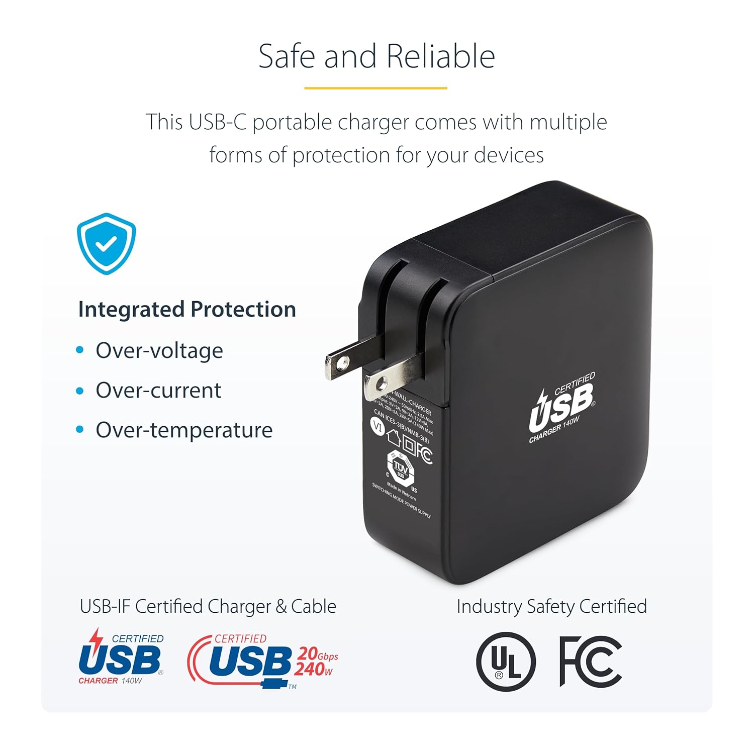 StarTech.com 140W USB-C Wall Charger, USB-IF Certified, Single USB-C, PD 3.1 Portable GaN Charging