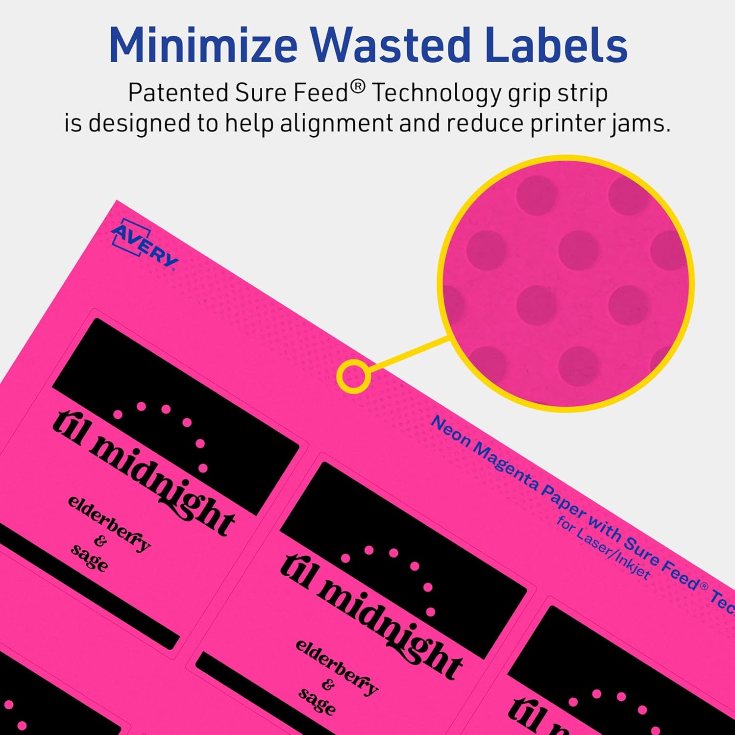 Avery Printable Square Labels, Sure Feed Technology, 2-1/2" x 2-1/2", Neon Magenta Labels, Laser/Inkjet Printable, 90 Total
