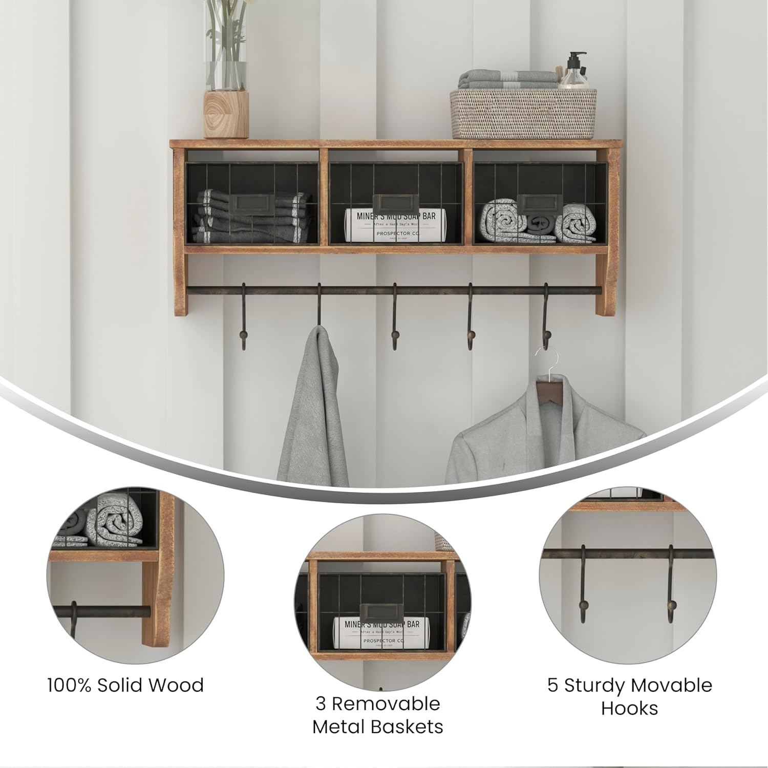 Flash Furniture Daly Wall Mounted Solid Pine Storage Rack