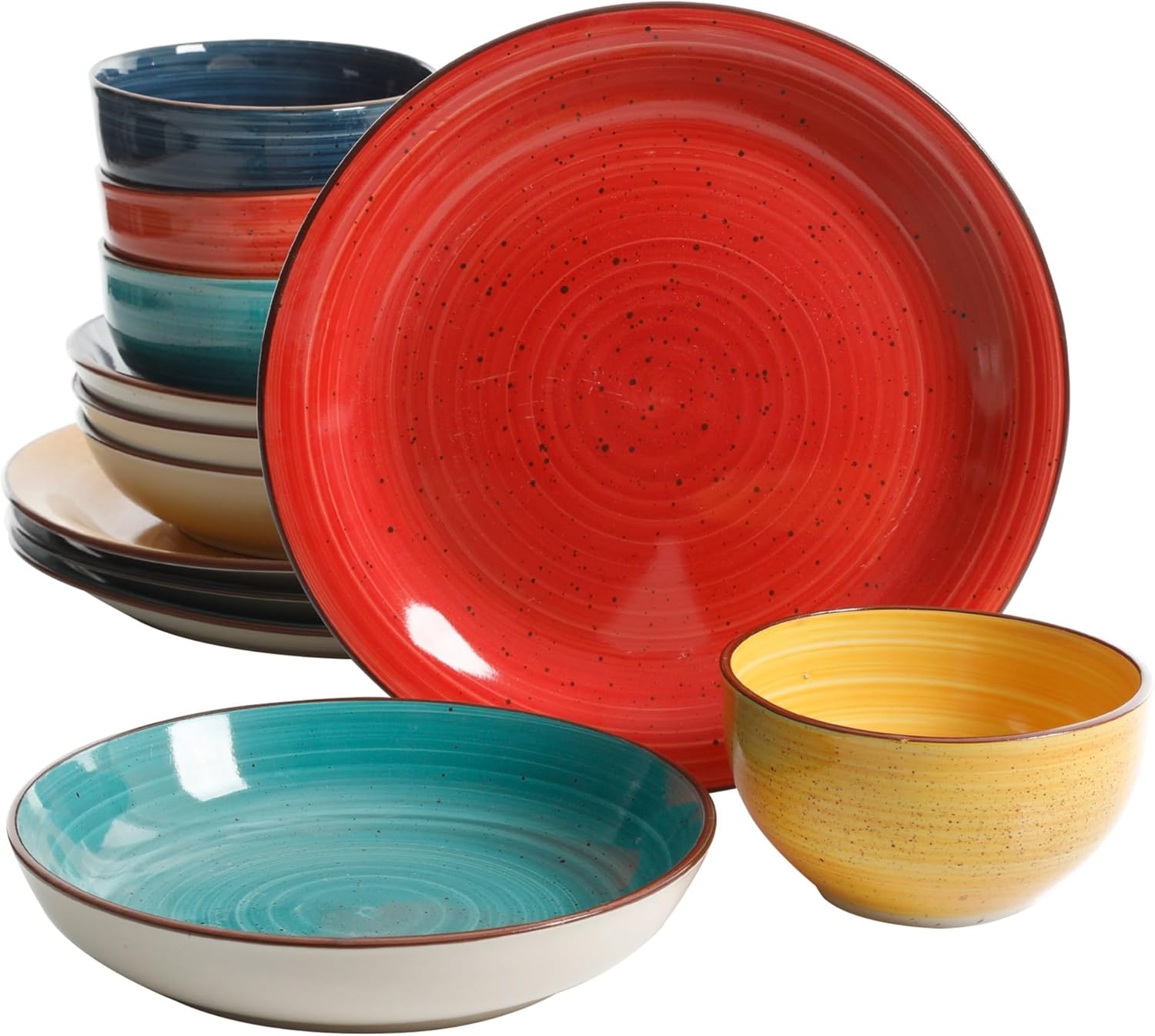 Gibson Home Color Speckle 12-Piece Mix & Match Double Bowl Dinnerware Set, Multicolor