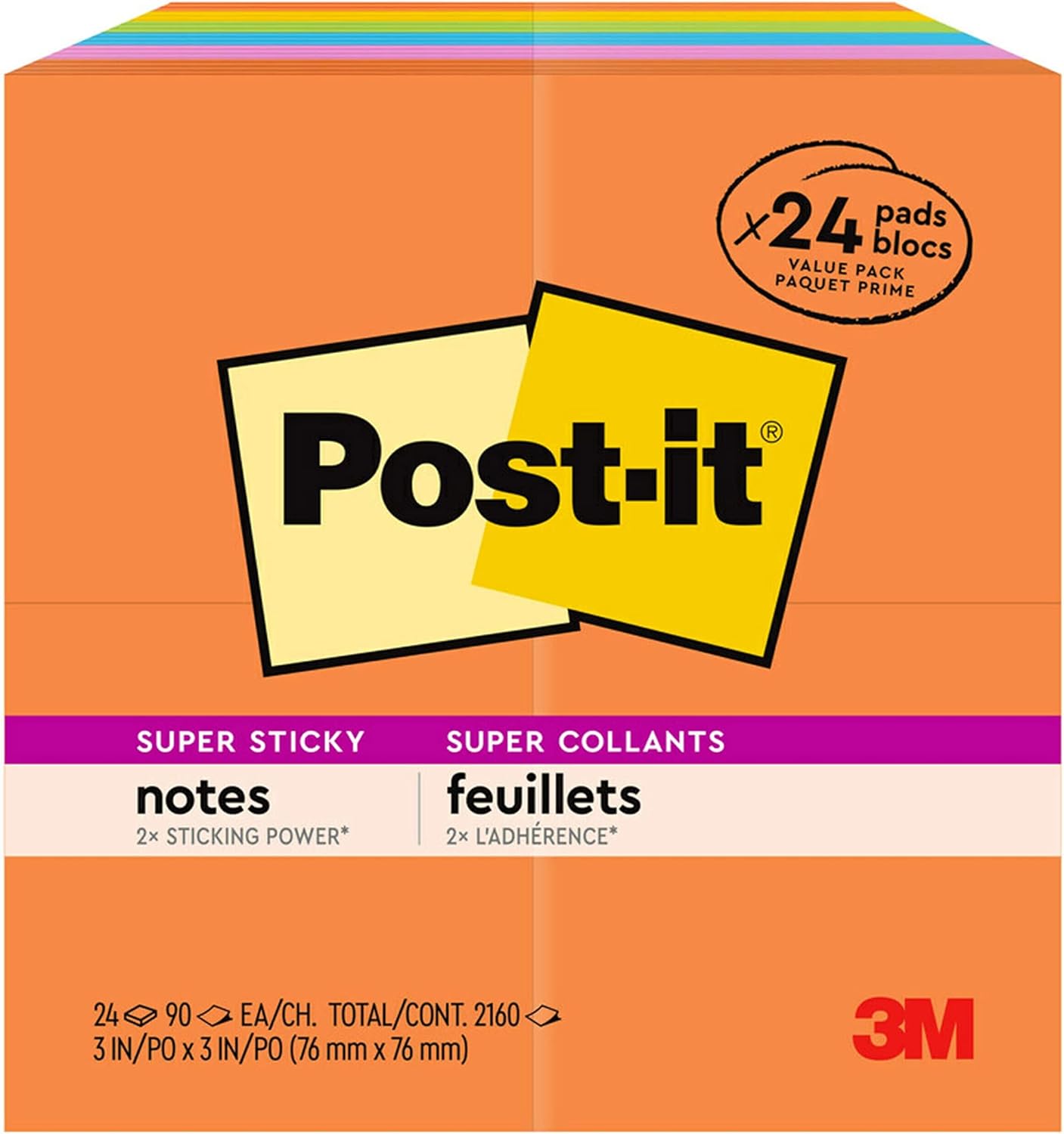 Post-it Super Sticky Notes, 24 Sticky Note Pads, 3 x 3 in., School Supplies for Students, Ideal for Textbooks, Notebooks