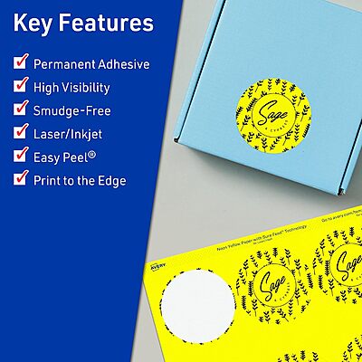 Avery Printable Round Labels, Sure Feed Technology, 2.75" Diameter, Neon Yellow, Print-to-the-Edge