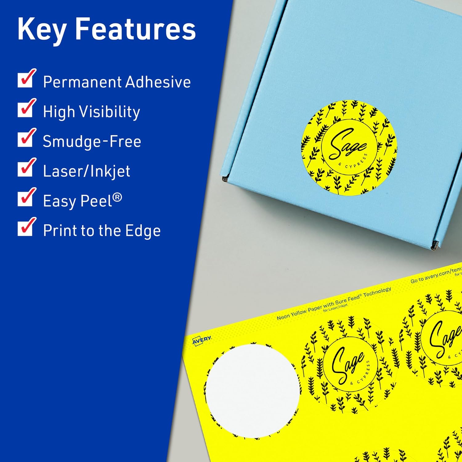 Avery Printable Round Labels, Sure Feed Technology, 3" Diameter, Neon Yellow, Print-to-The-Edge, Laser/Inkjet Printable