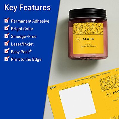 AVERY Printable Bright Yellow Square Labels, Sure Feed Technology, 2.75 x 2.75, Print-to-The-Edge, Laser/Inkjet