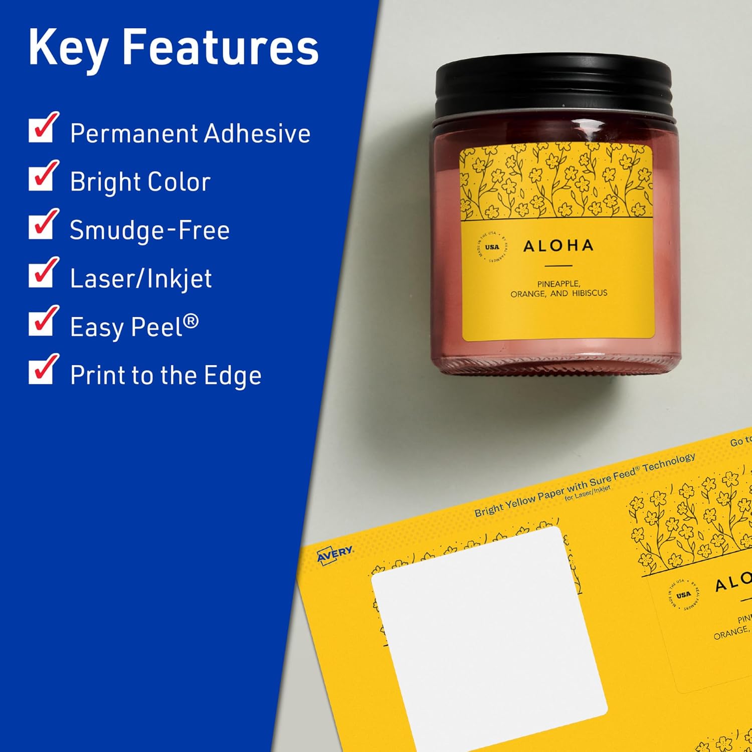 AVERY Printable Bright Yellow Square Labels, Sure Feed Technology, 2.75 x 2.75, Print-to-The-Edge, Laser/Inkjet