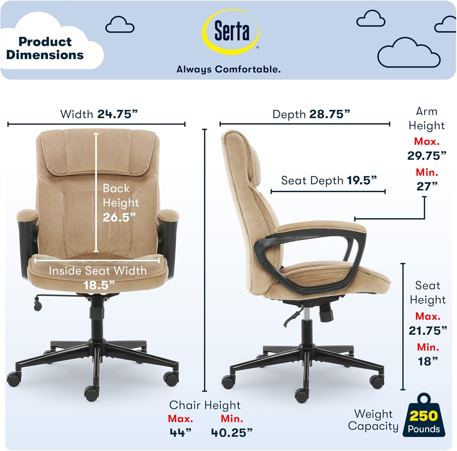 Serta Hannah Executive Home Office Desk Chair, Ergonomic Mid-Back with Lumbar Support, Firm Seat Cushion