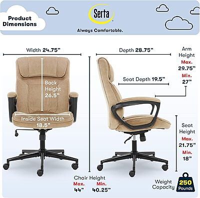 Serta Hannah Executive Home Office Desk Chair, Ergonomic Mid-Back with Lumbar Support, Firm Seat Cushion