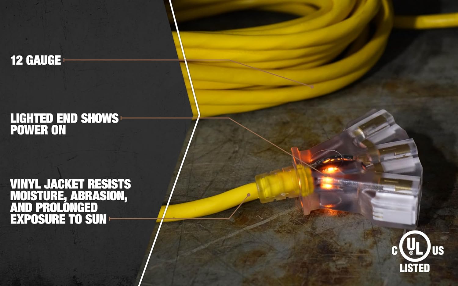 SOUTHWIRE 12/3 Multi-Outlet Vinyl Extension Cord with Lighted End, 50-Foot, Yellow (4188SW8802)