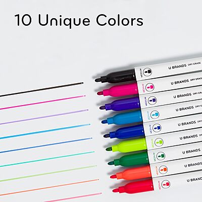 U Brands Low-Odor Dry-Erase Markers with Erasers, Medium (2mm) Point, Assorted Colors, Pack of 10