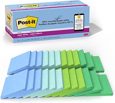 Post-it 100% Recycled Paper Super Sticky Notes, 3 in. x 3 in., 24 Pads/Pack, 70 Sheets/Pad