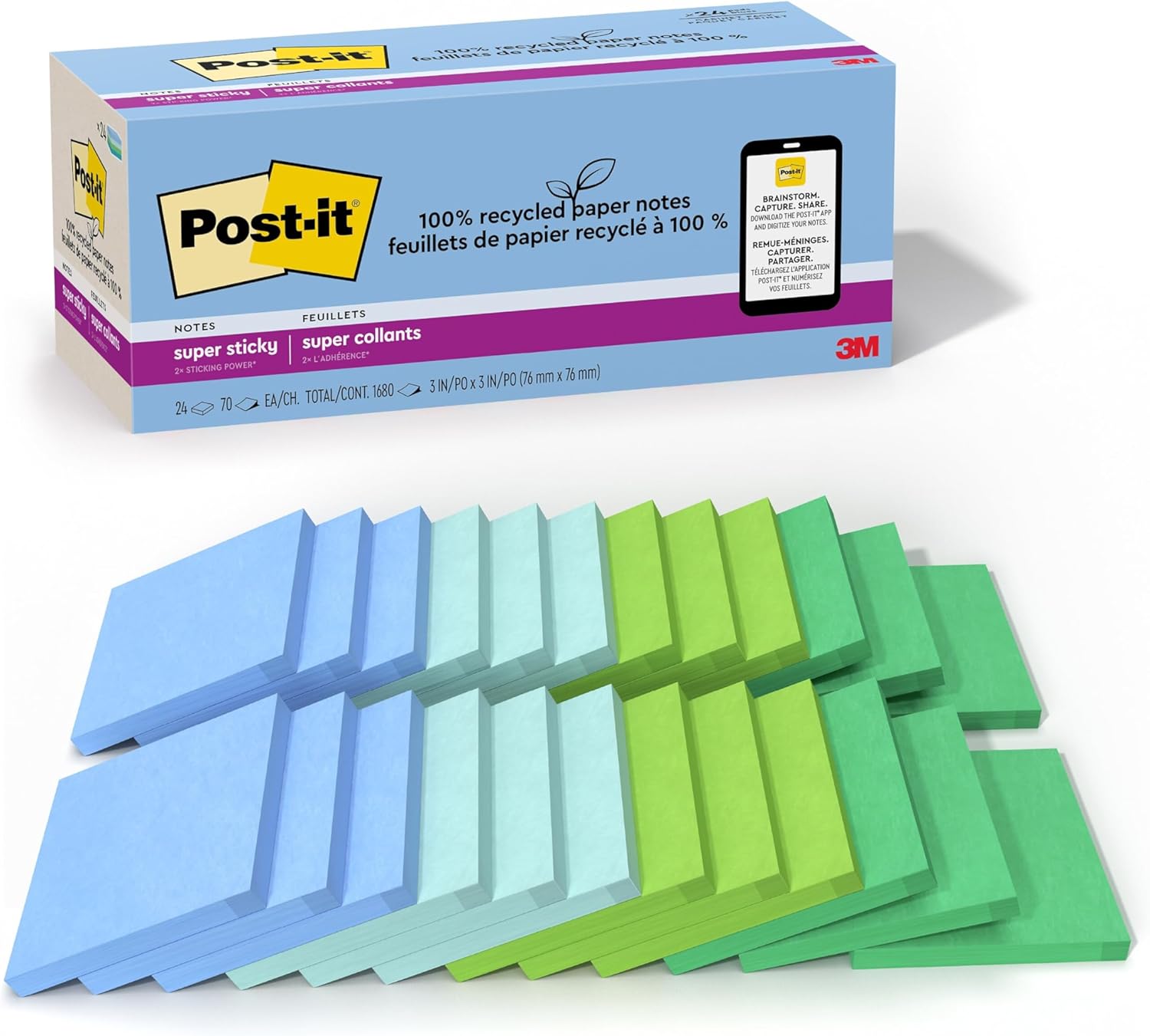 Post-it 100% Recycled Paper Super Sticky Notes, 3 in. x 3 in., 24 Pads/Pack, 70 Sheets/Pad